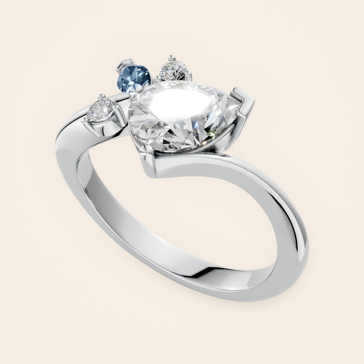 DR0332 diamantring med pæreformet diamant og blå markise i 14 kt. hvidguld, perspektiv