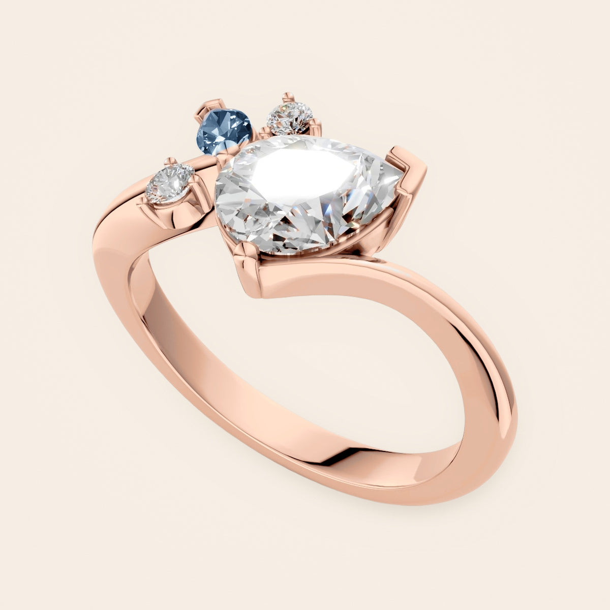 DR0332 diamantring med pæreformet diamant og blå markise i 14 kt. rosaguld, perspektiv