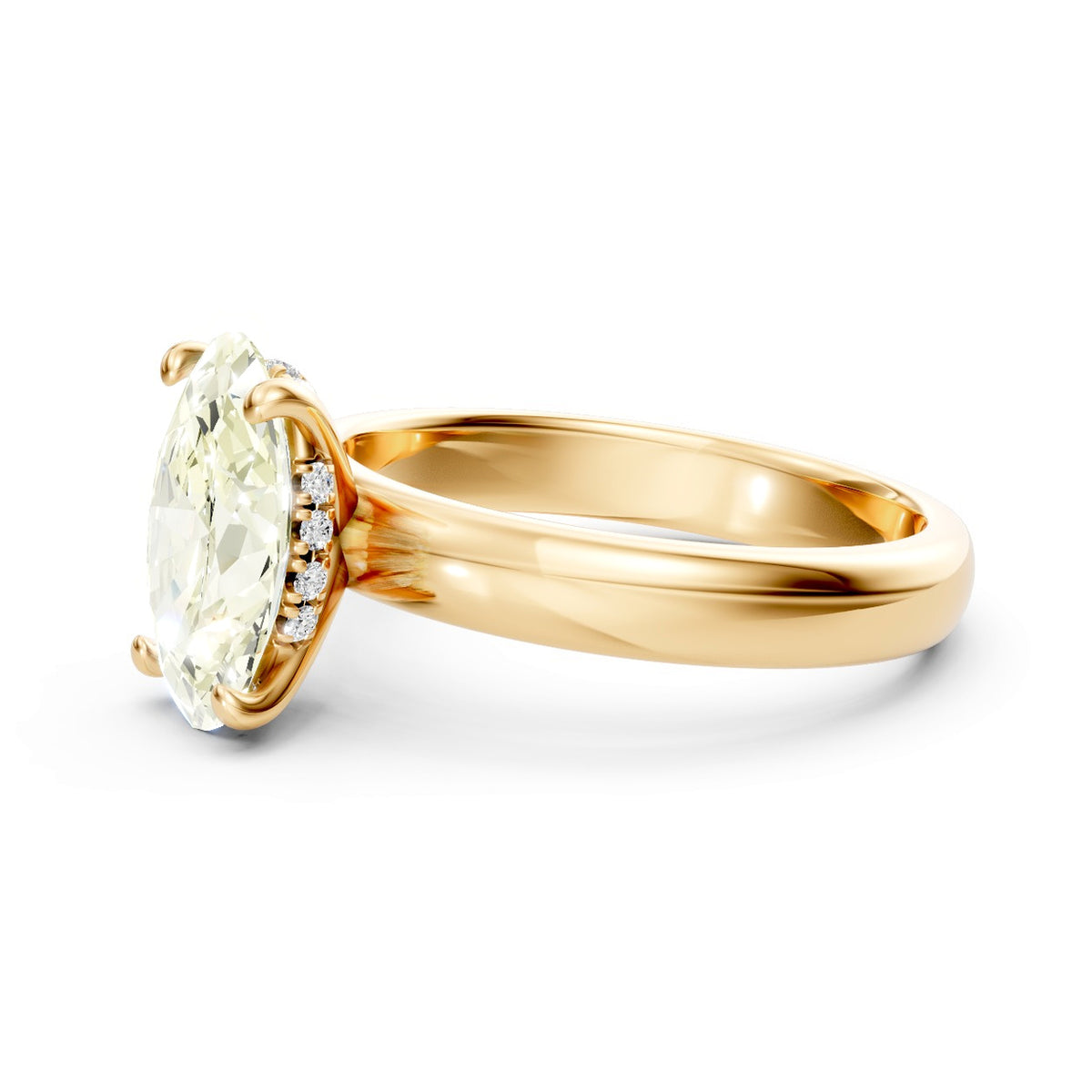 DR0360 solitaire diamantring med gul oval diamant i 14 kt. gulguld, sidevisning med skjult halo