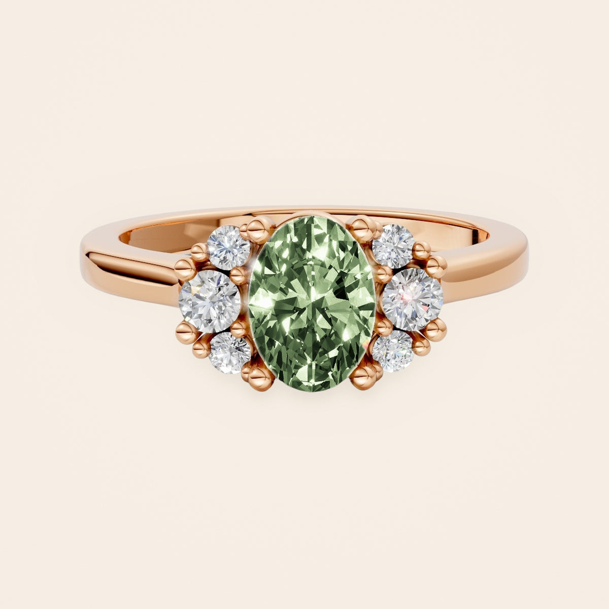 DR0381 diamantring i 14 kt. rosaguld med grøn oval diamant – forfra
