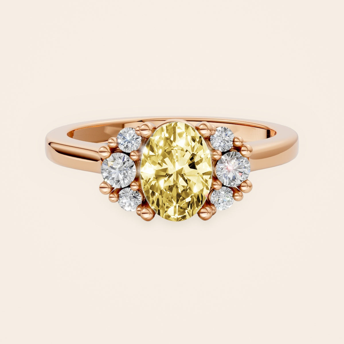 DR0381 diamantring i 14 kt. rosaguld med gul oval diamant – forfra