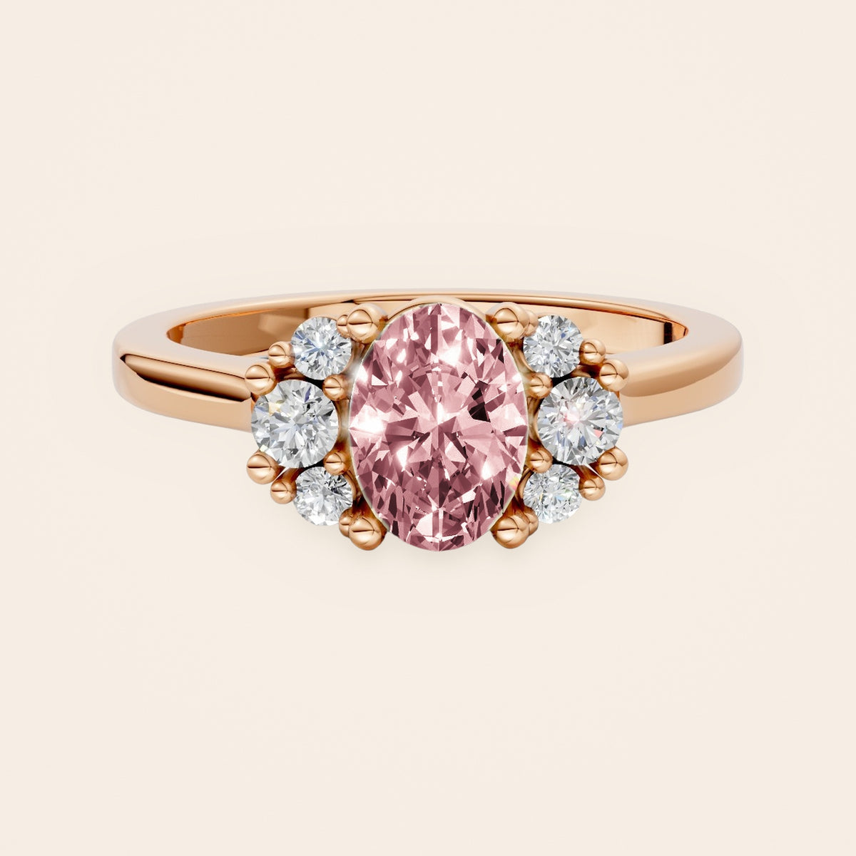 DR0381 diamantring i 14 kt. rosaguld med pink oval diamant – forfra