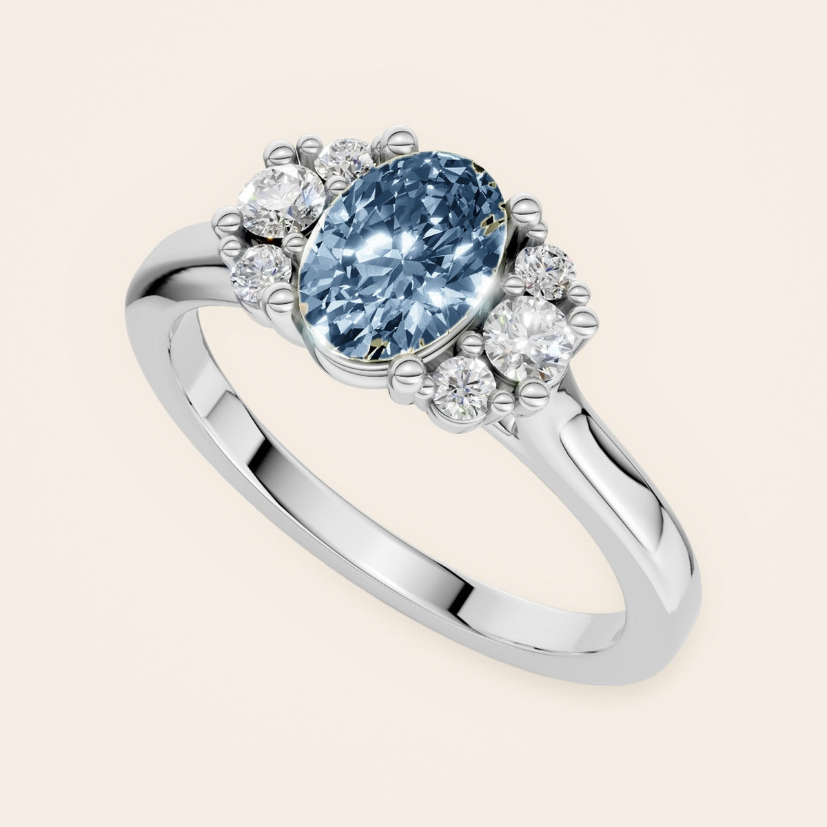 DR0381 diamantring i 14 kt. hvidguld med blå oval diamant – perspektiv