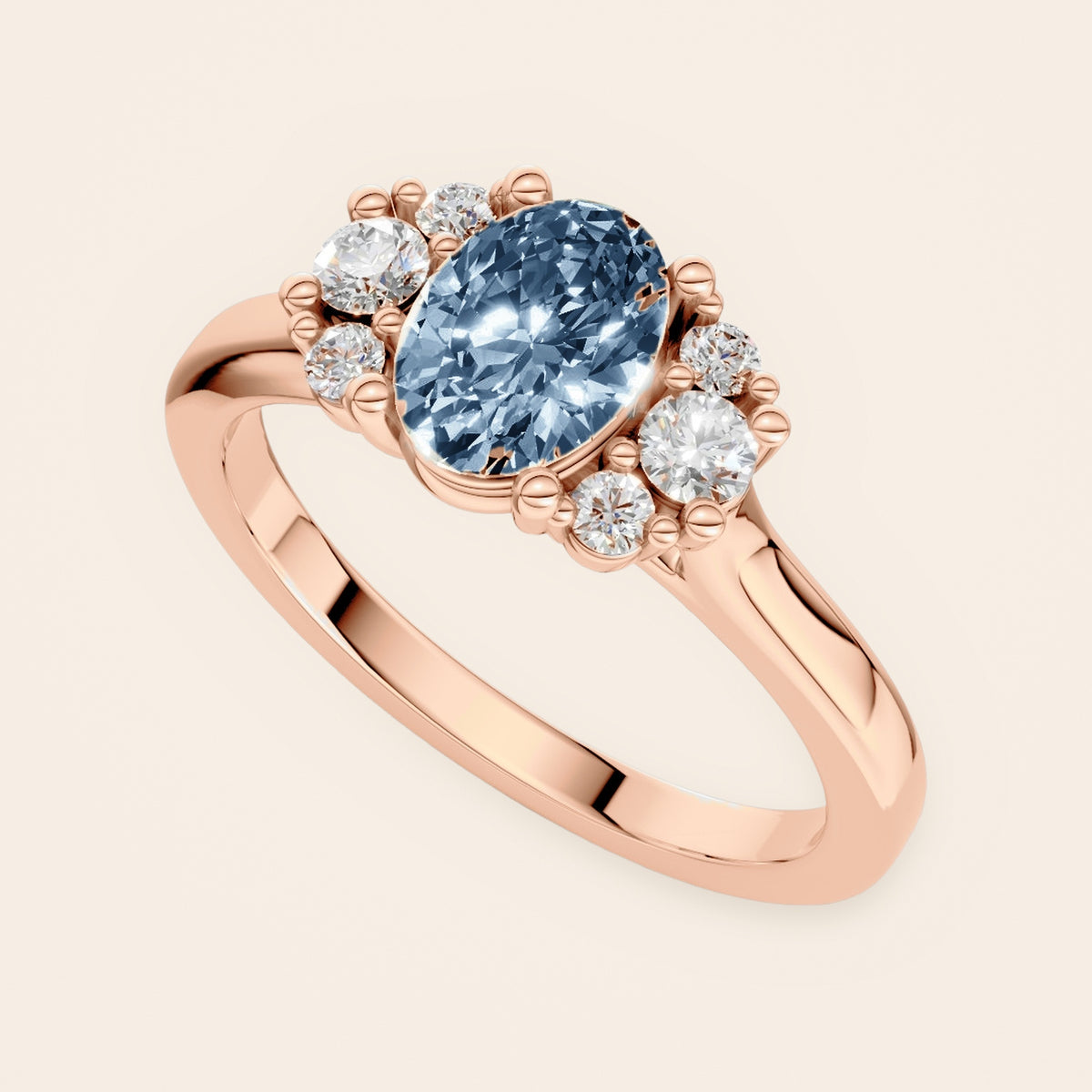 DR0381 diamantring i 14 kt. rosaguld med blå oval diamant – perspektiv