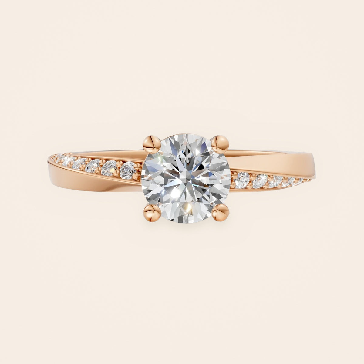 DR0383 solitaire diamantring med snoet pavé-skinne i 14 kt. rosaguld – forfra