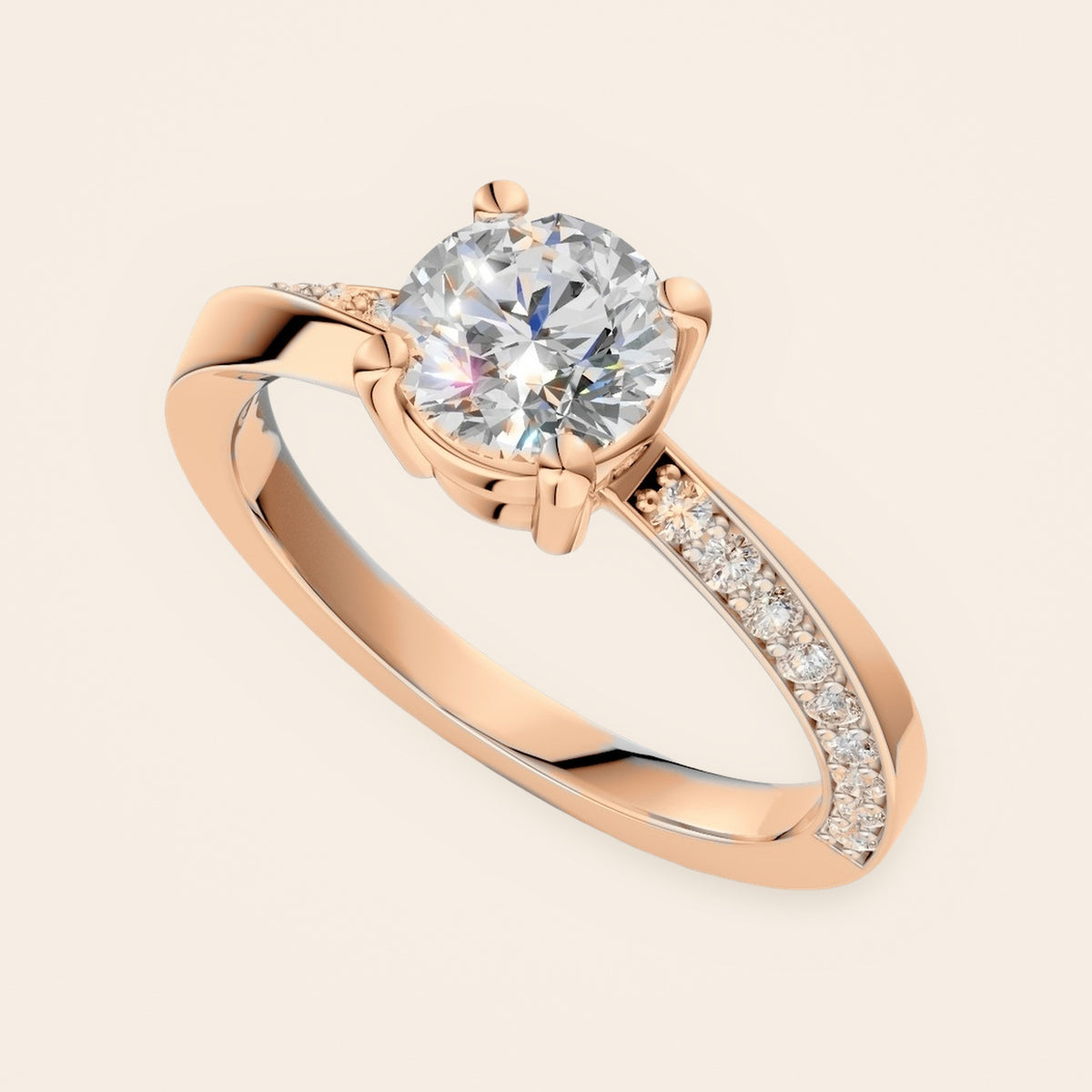 DR0383 solitaire diamantring med snoet pavé-skinne i 14 kt. rosaguld – perspektiv