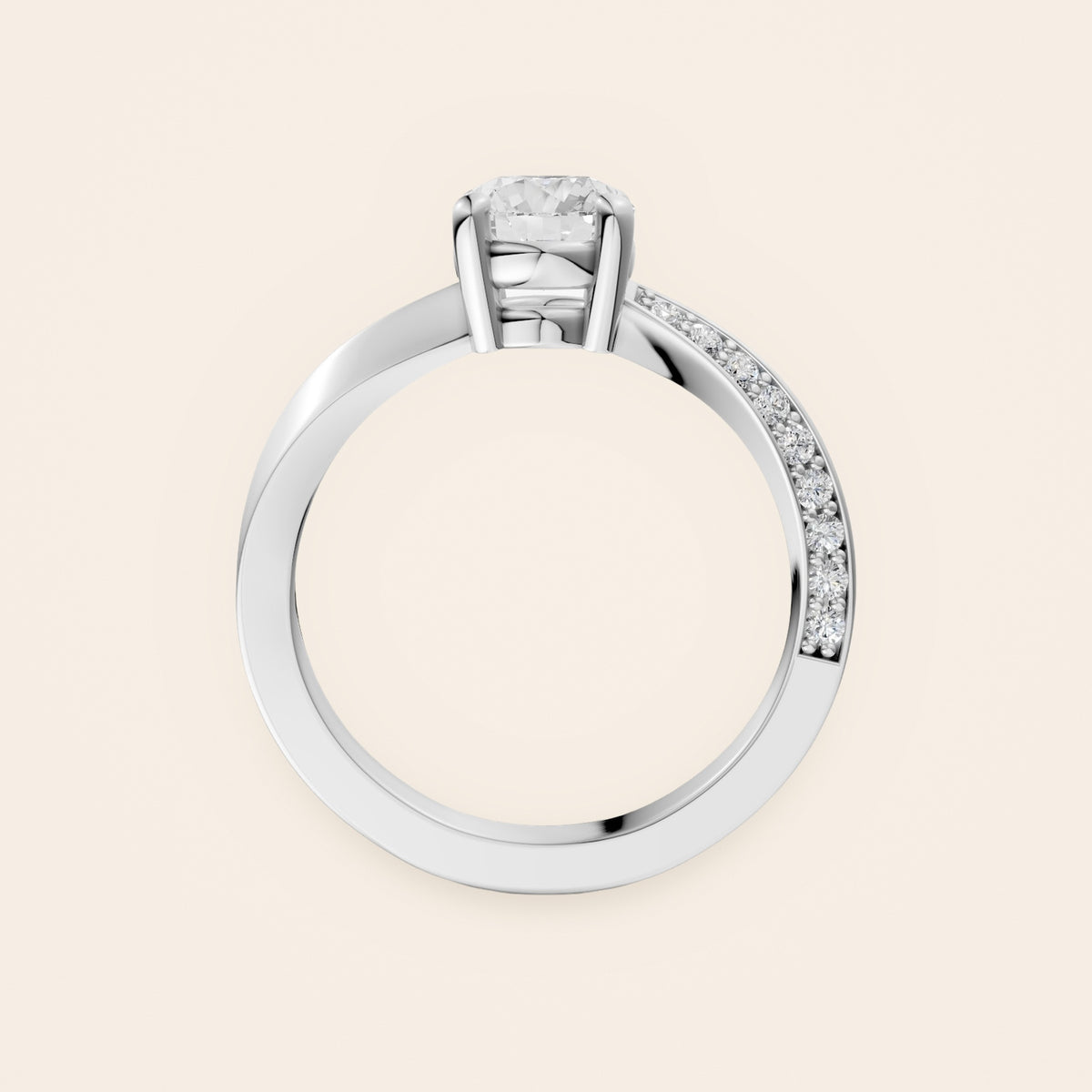 DR0383 solitaire diamantring med snoet pavé-skinne i 14 kt. hvidguld – profil