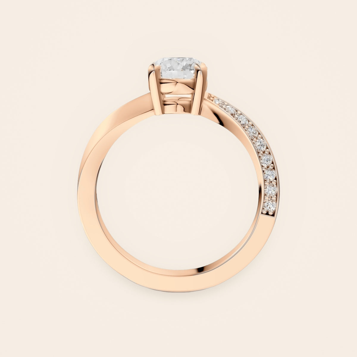 DR0383 solitaire diamantring med snoet pavé-skinne i 14 kt. rosaguld – profil