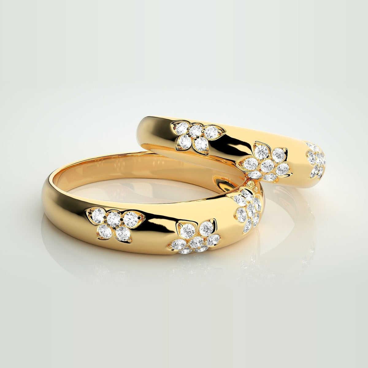 HJ41956 vielsesringe med diamantblomster i 14 kt gulguld – to ringe