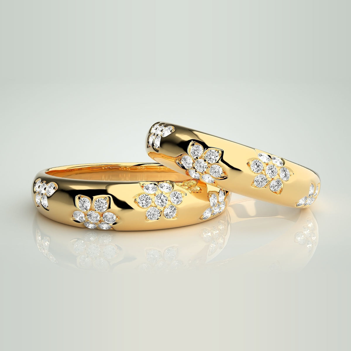 HJ41956 vielsesringe med diamantblomster i 14 kt gulguld – to ringe side om side