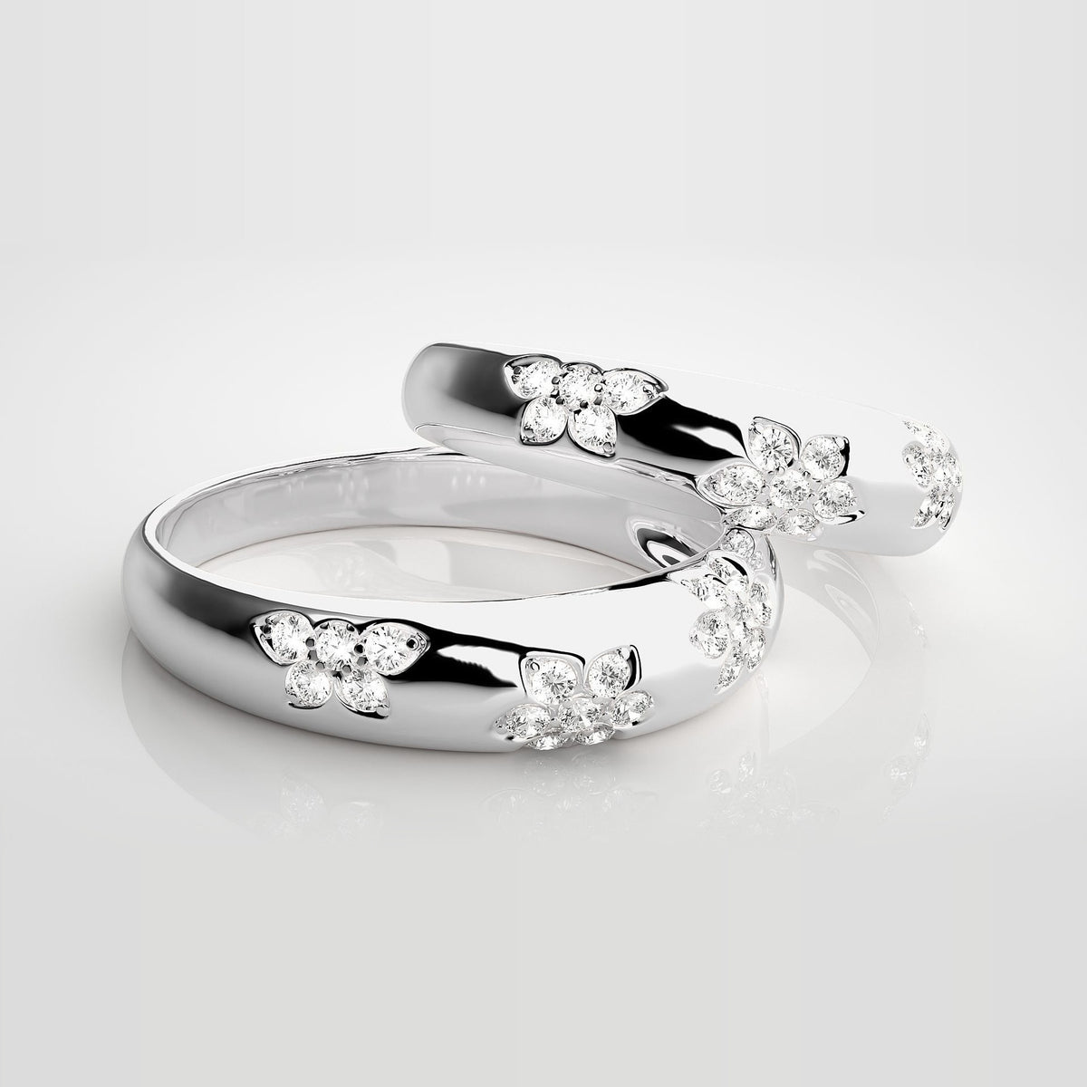 HJ41956 vielsesringe med diamantblomster i 14 kt hvidguld – to ringe