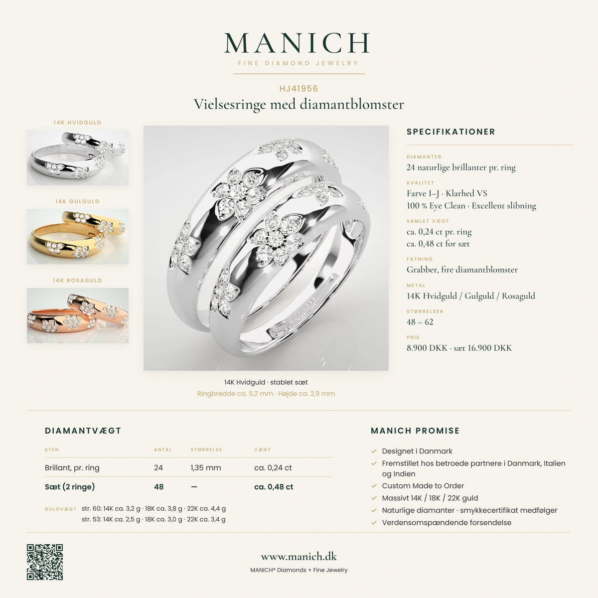 HJ41956 vielsesringe med diamantblomster, naturlige diamanter – specifikationer, diamant- og guldvægt, MANICH infografik