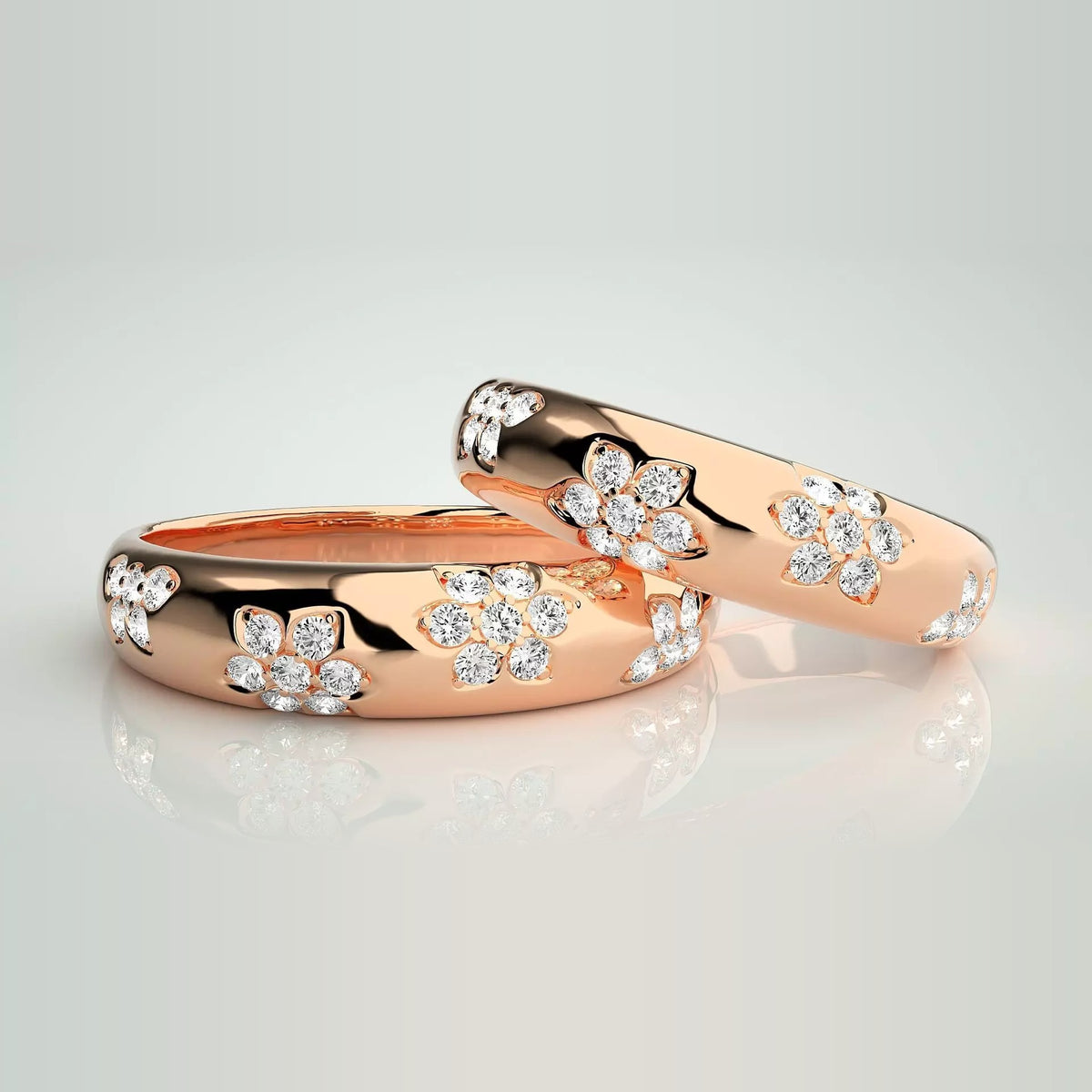 HJ41956 vielsesringe med diamantblomster i 14 kt rosaguld – to ringe