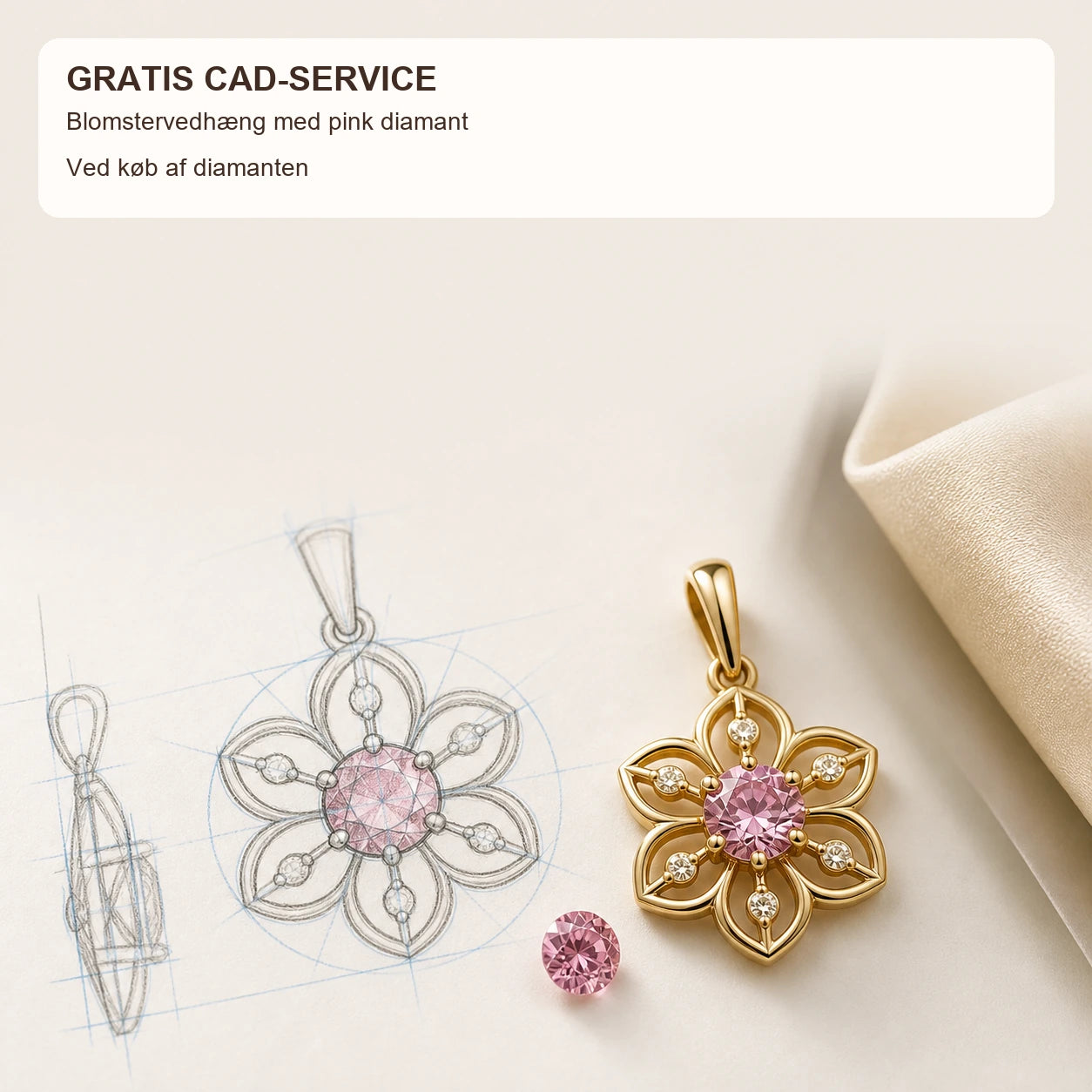 CAD-tegning og færdigt blomstervedhæng i gulguld med pink lab-grown diamant som centersten. Gratis CAD-service ved køb af diamanten hos Manich Jewelry.