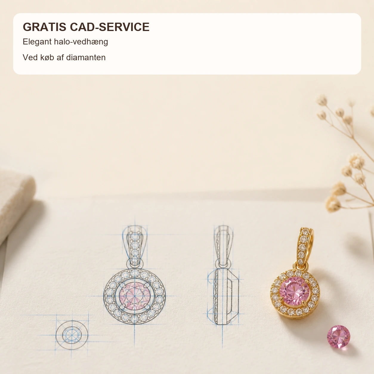 CAD-tegning og færdigt halo-vedhæng i gulguld med pink lab-grown diamant omkranset af hvide diamanter. Gratis CAD-service ved køb af diamanten hos Manich Jewelry.