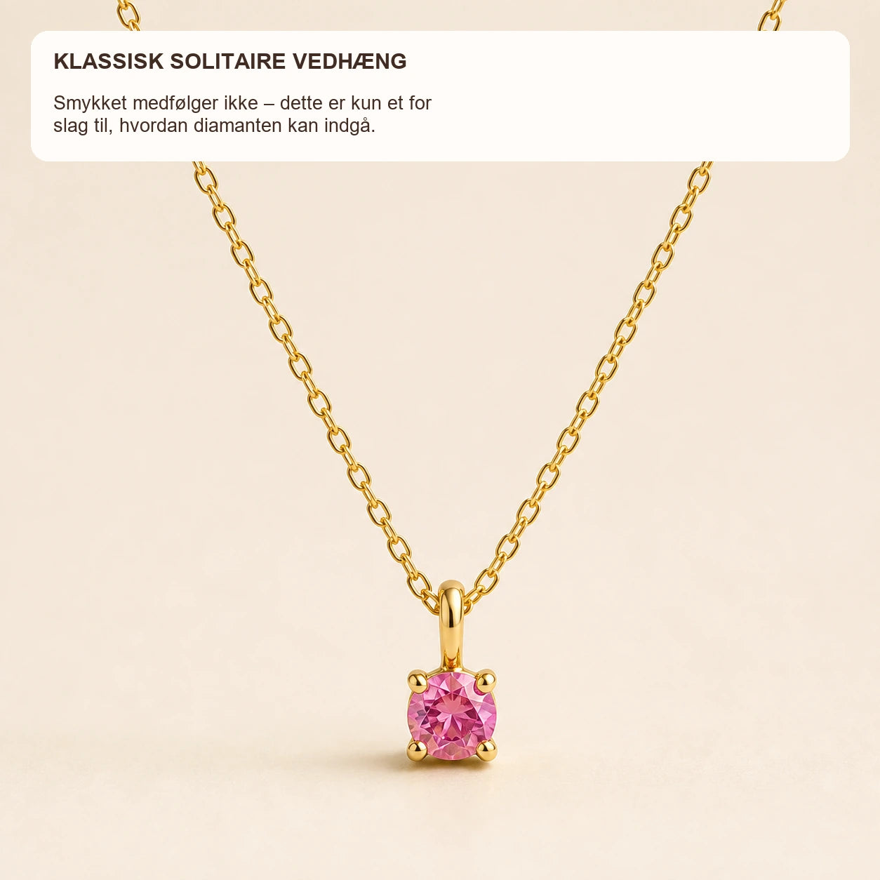 Fancy Vivid Pink lab-grown diamant på 0,10 ct vist som klassisk solitaire-vedhæng i gulguld. Inspirationsbillede — smykket medfølger ikke.