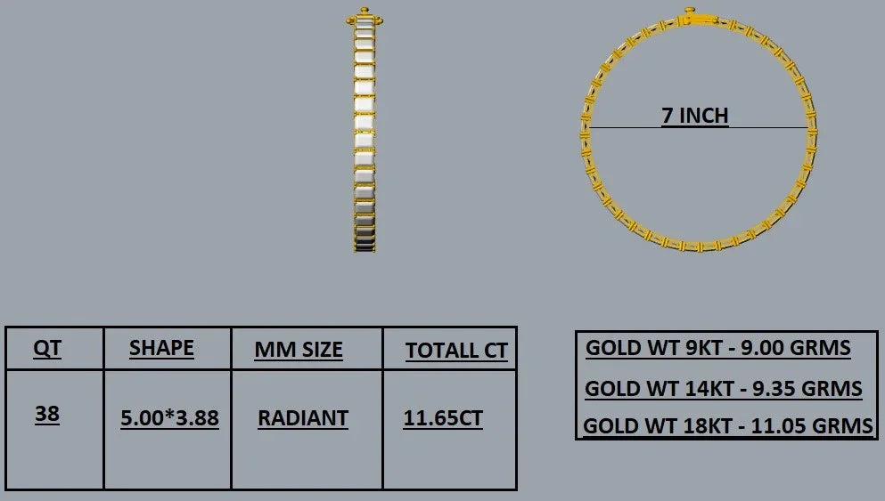 Model BR-01 tennisarmbånd med radiant lab grown diamanter 11.65 carat D-E-F VVS specifikation og mål 7 inch