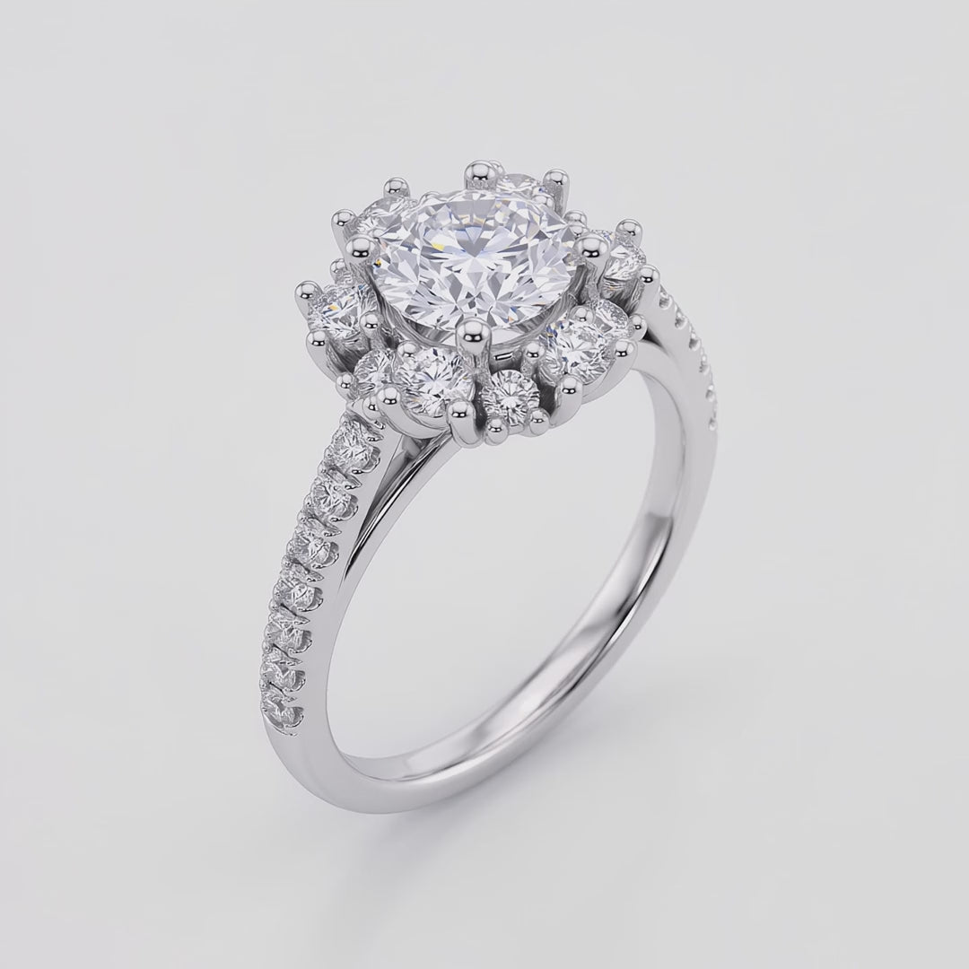 ZSY018 diamantring med blomsterhalo i hvidguld og gulguld – video