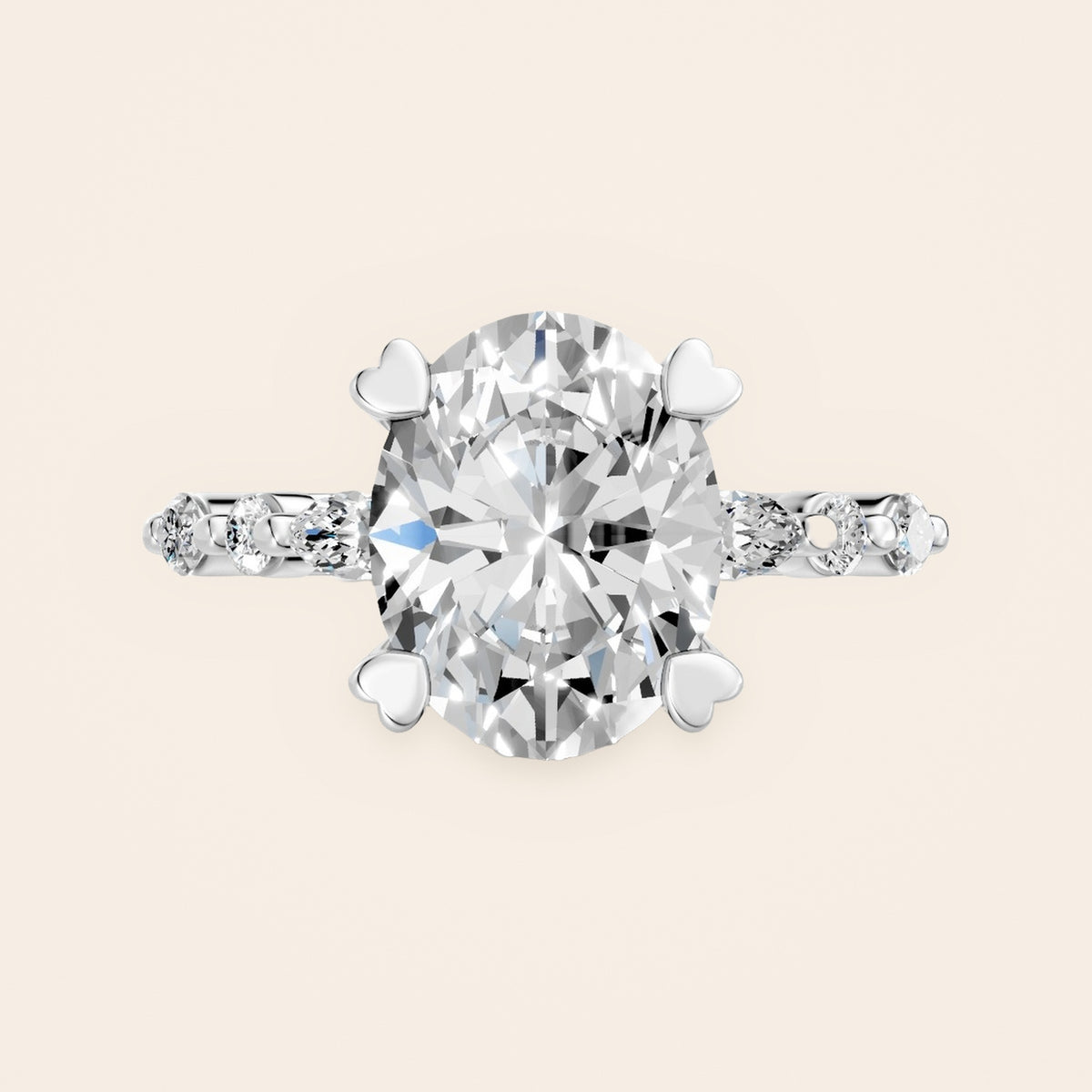 RT030 oval diamantring med hjertegrabber i 14 kt. hvidguld – forfra