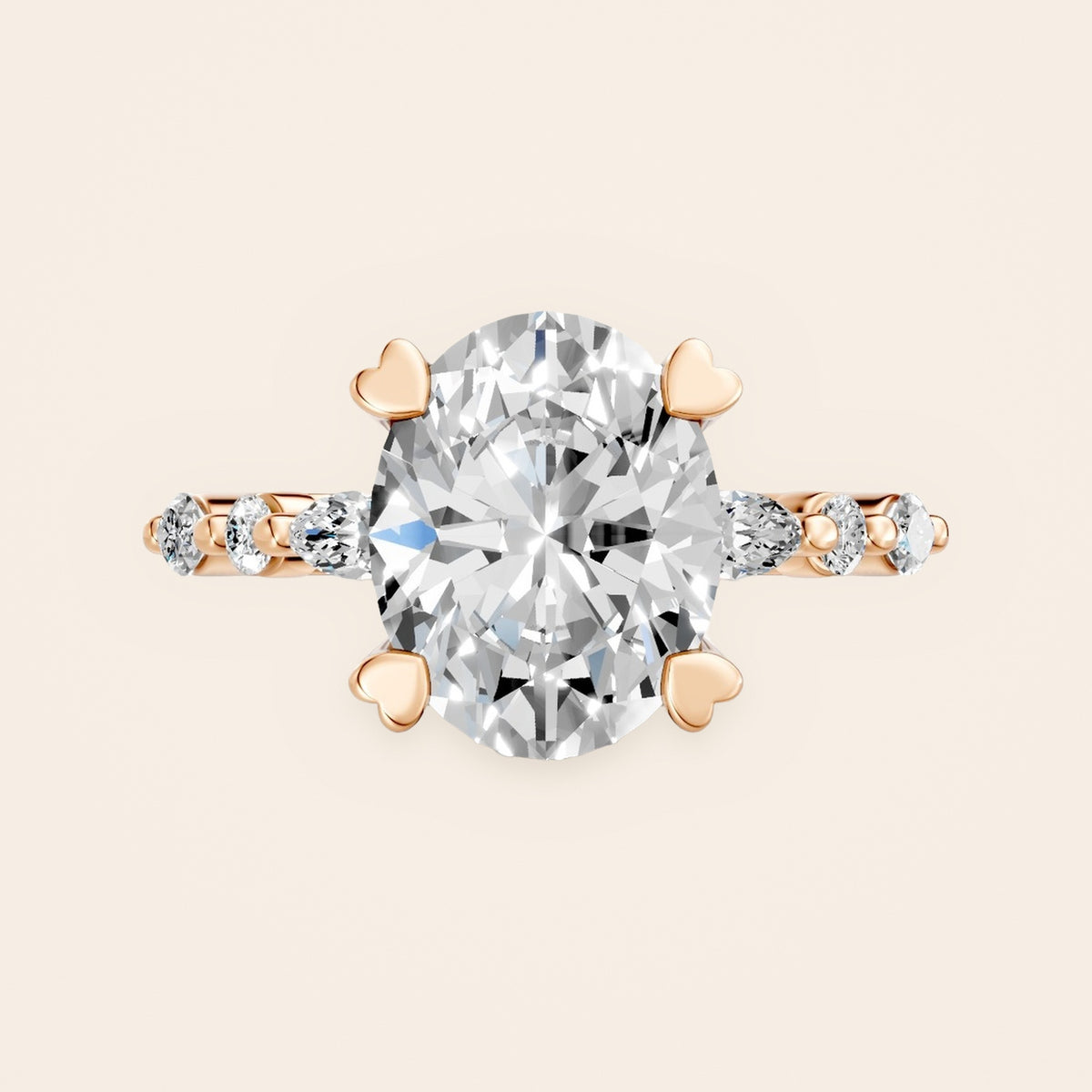 RT030 oval diamantring med hjertegrabber i 14 kt. rosaguld – forfra