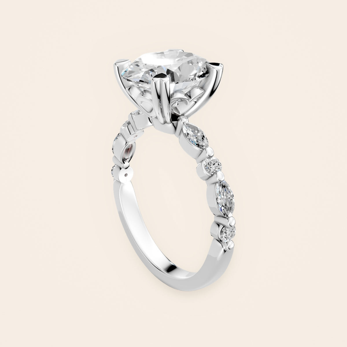RT030 oval diamantring med hjertegrabber i 14 kt. hvidguld – perspektiv