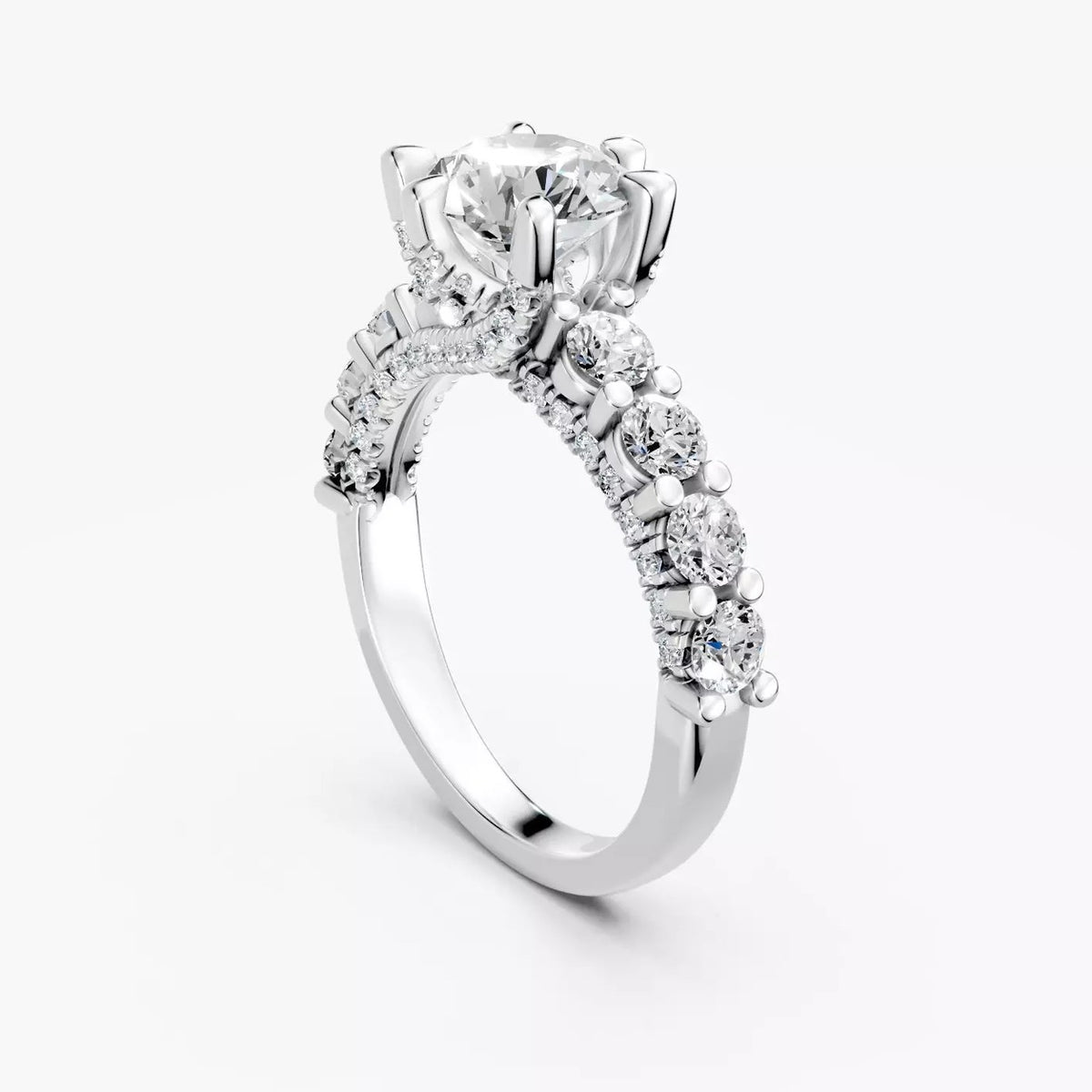 ZRT039 diamantring med rund diamant og sidesten i 14 kt. hvidguld, perspektiv