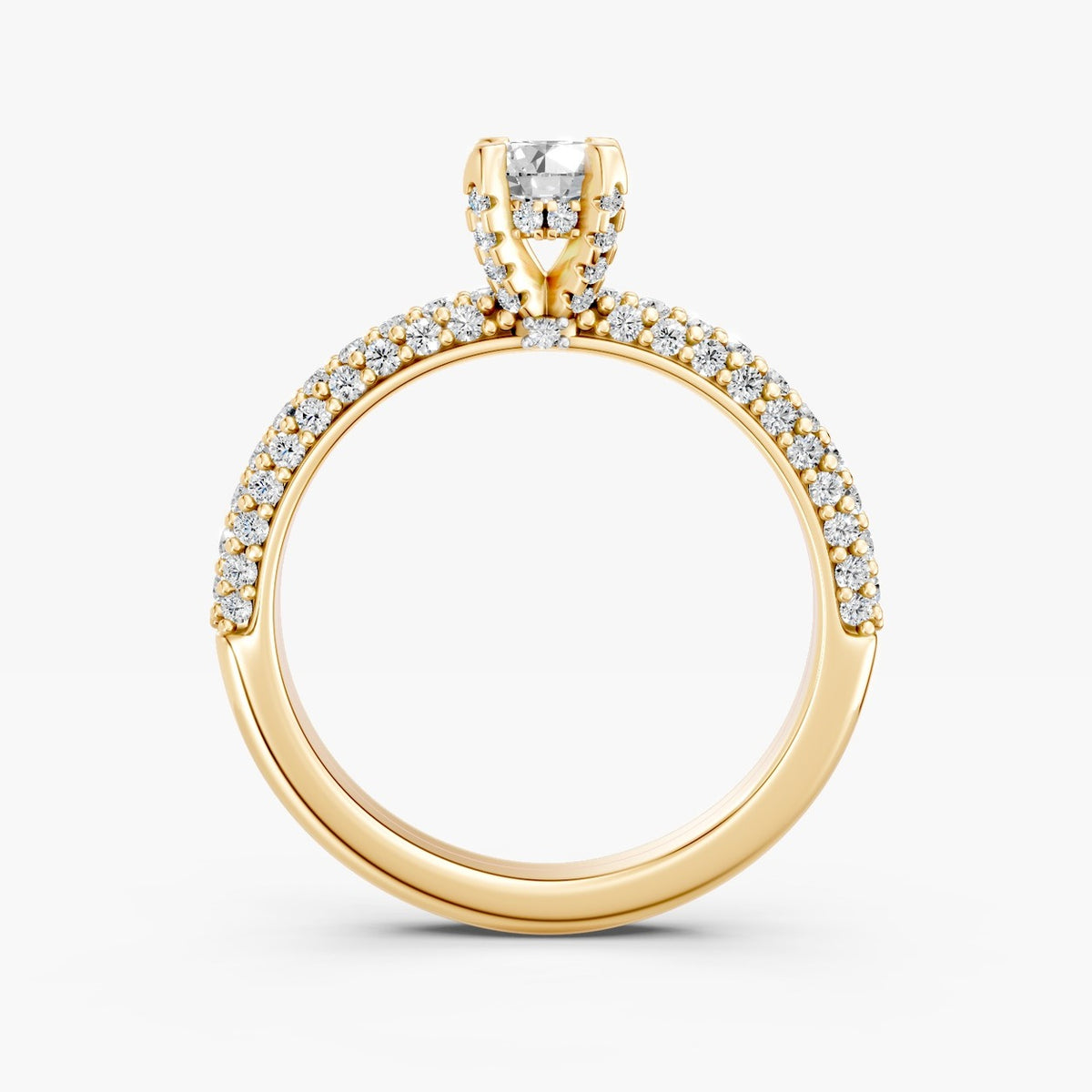 ZRT04 solitaire diamantring i 14 kt. gulguld, profil med pavé-skinne og diamanter i fatningen