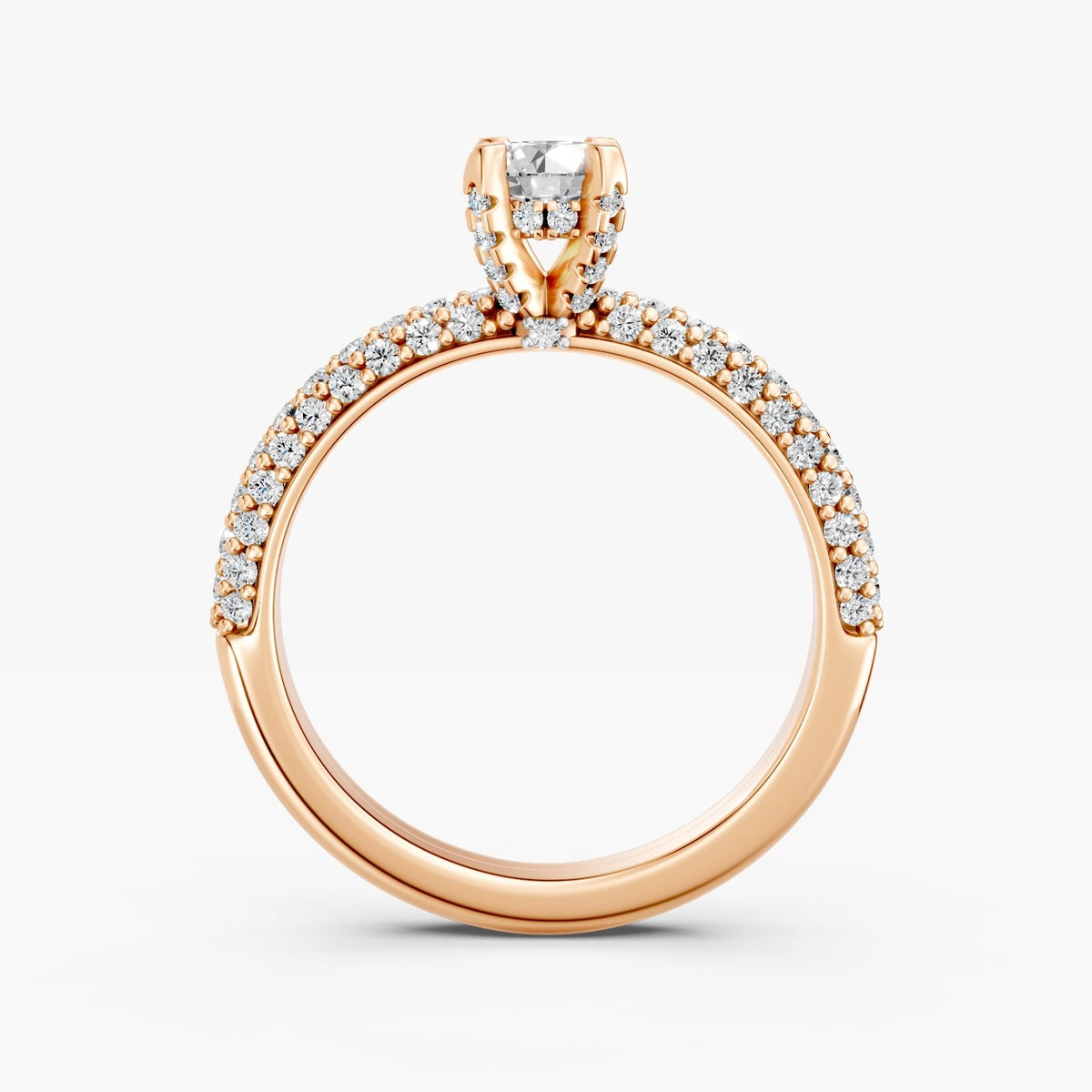 ZRT04 solitaire diamantring i 14 kt. rosaguld, profil med pavé-skinne og diamanter i fatningen