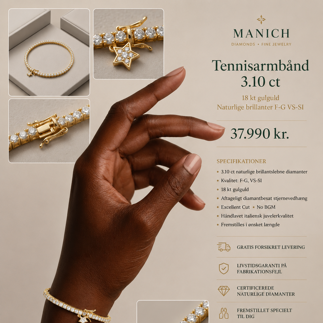 Infografik med eksklusivt tennisarmbånd i 18 karat gulguld sat med 3.10 carat naturlige brillantslebne diamanter i kvaliteten F-G VS-SI. Billedet viser armbåndet på model samt detaljer af lås, diamantfatning og diamantbesat stjernevedhæng fra MANICH