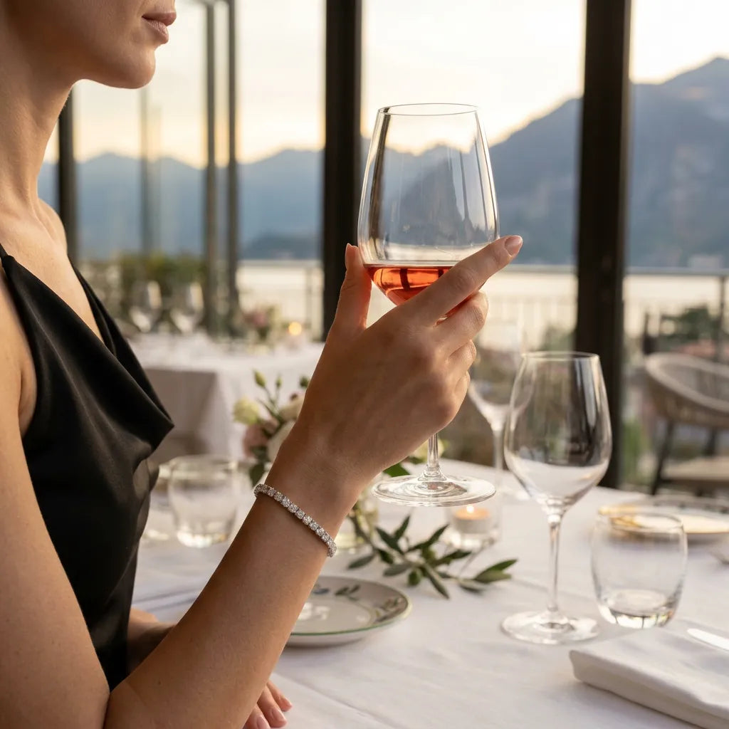 Kvinde iført et 14 karat hvidguld tennisarmbånd med lab-grown diamanter under middag på eksklusiv italiensk restaurant ved Comosøen.