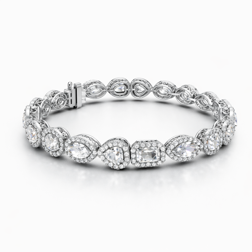 Tennisarmbånd i hvidguld med 12.20 ct lab grown diamanter i oval, emerald og marquise sleb