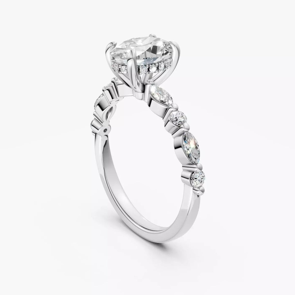ZAB004 diamantring med oval diamant og marquise-sten i 14 kt. hvidguld, perspektiv