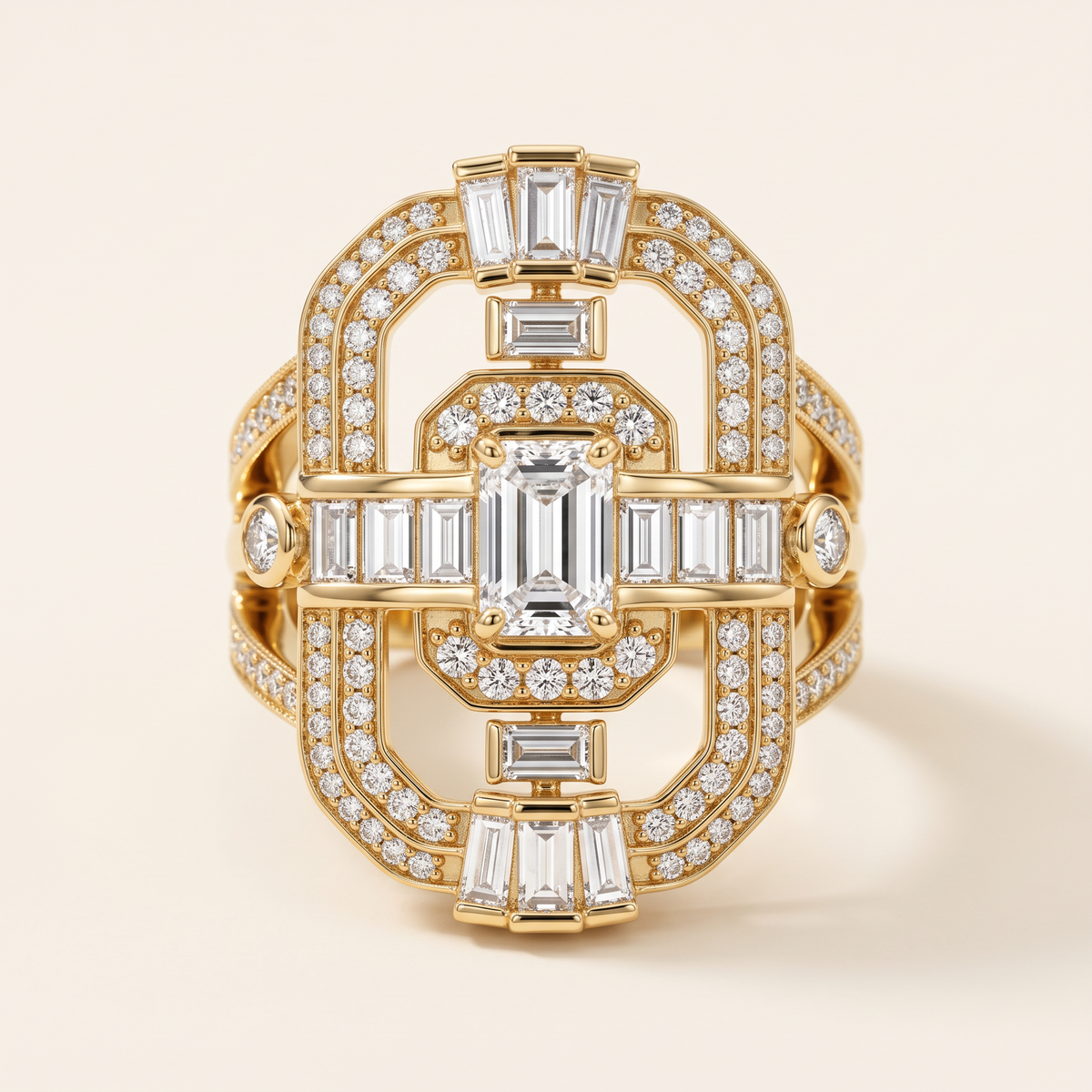 ZAD-R01 Art Deco cocktailring i 14 karat gulguld set forfra med baguette- og pavédiamanter