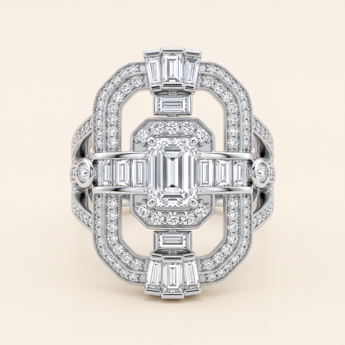 ZAD-R01 Art Deco cocktailring i 14 karat hvidguld set forfra med baguette- og pavédiamanter
