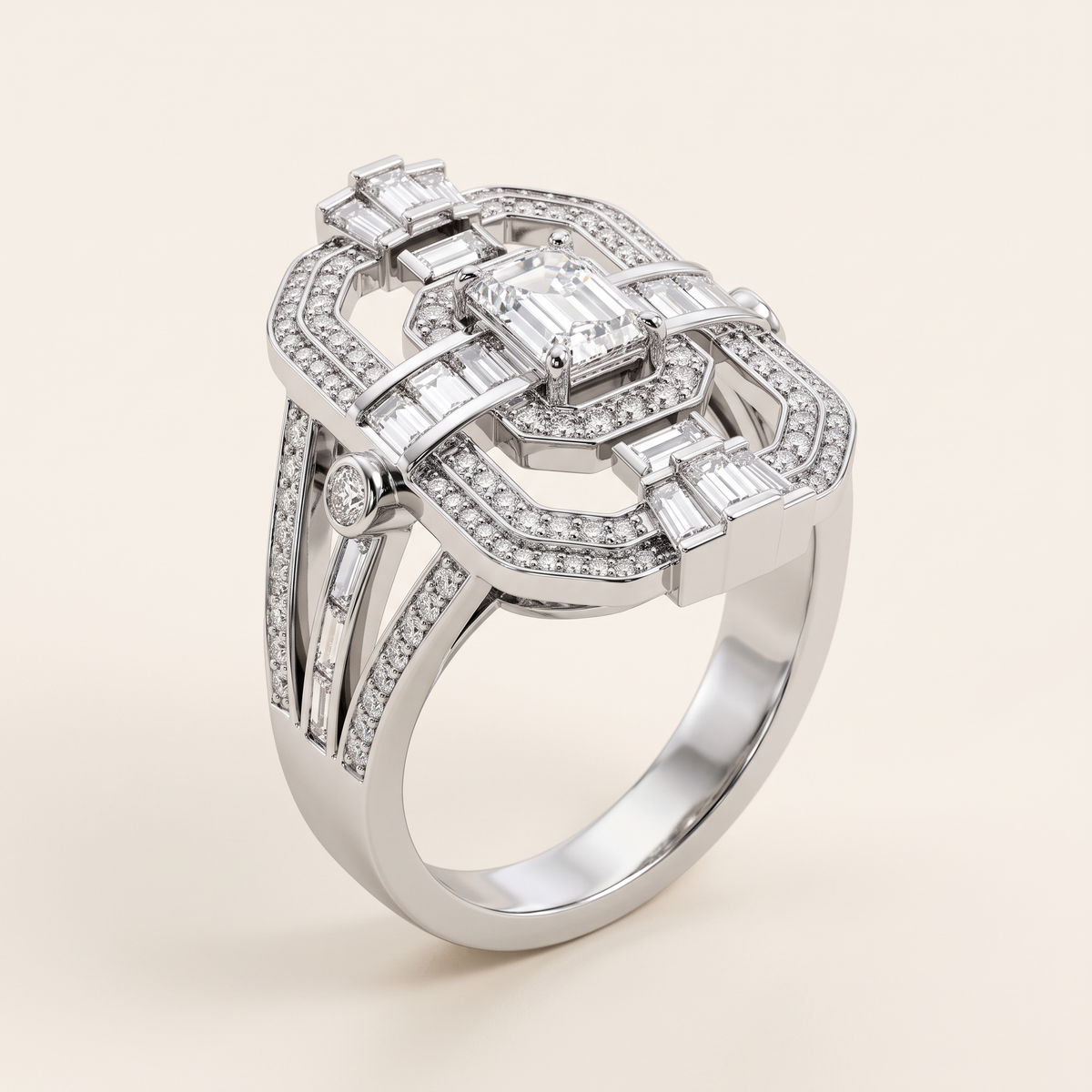 ZAD-R01 Art Deco cocktailring med emerald-slebet lab grown diamant i 14 karat hvidguld, perspektiv