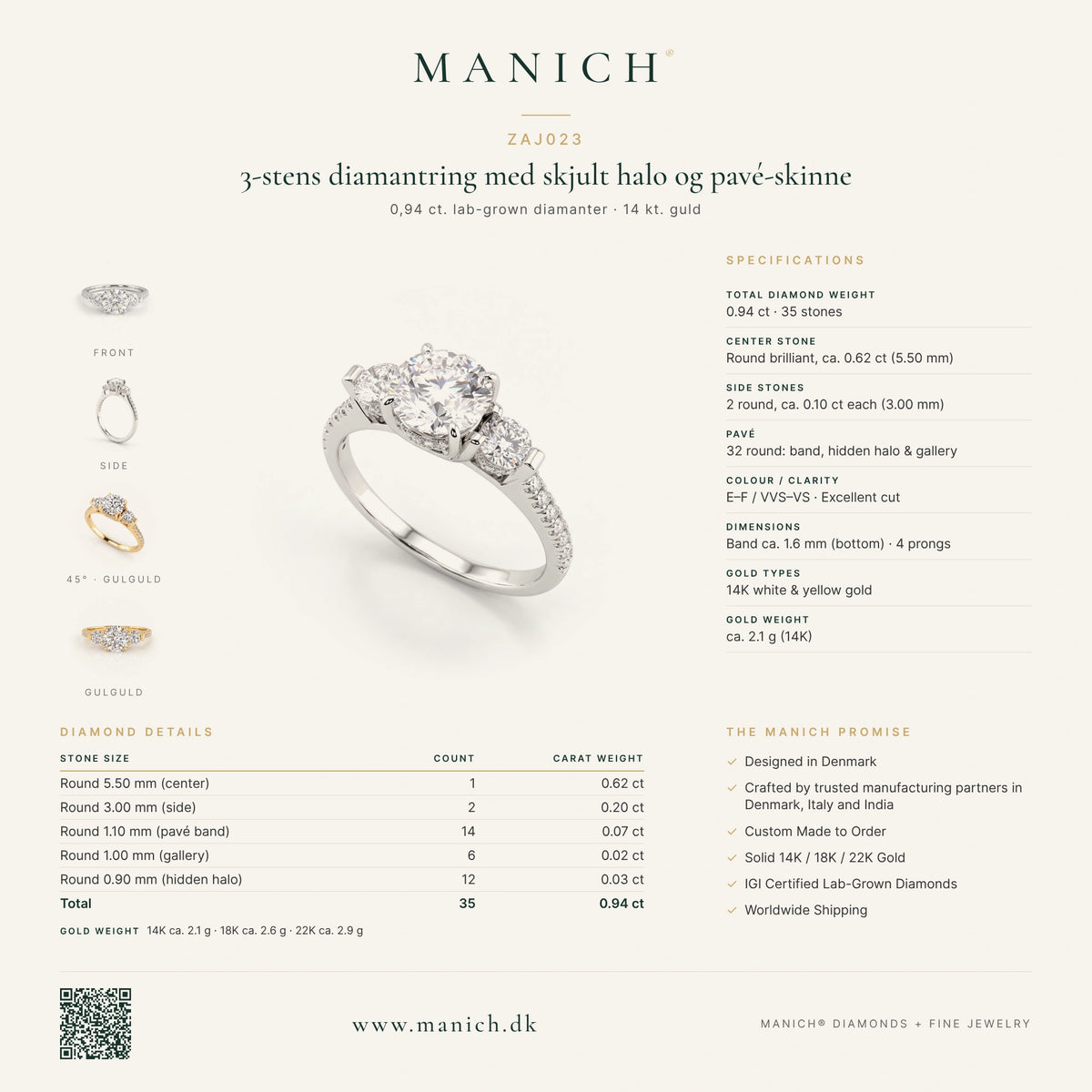 ZAJ023 infografik – specifikationer, diamantdetaljer og guldvægt