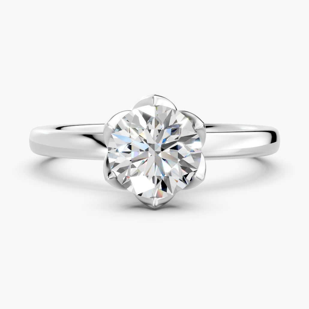 ZFL01 solitaire diamantring i hvidguld, forfra med blomster-galleri