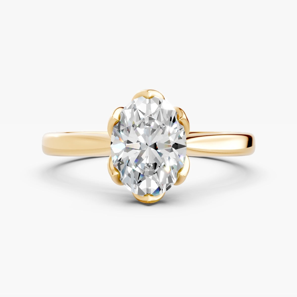 ZFL03 solitaire diamantring i 14 kt. gulguld, forfra med blad-galleri