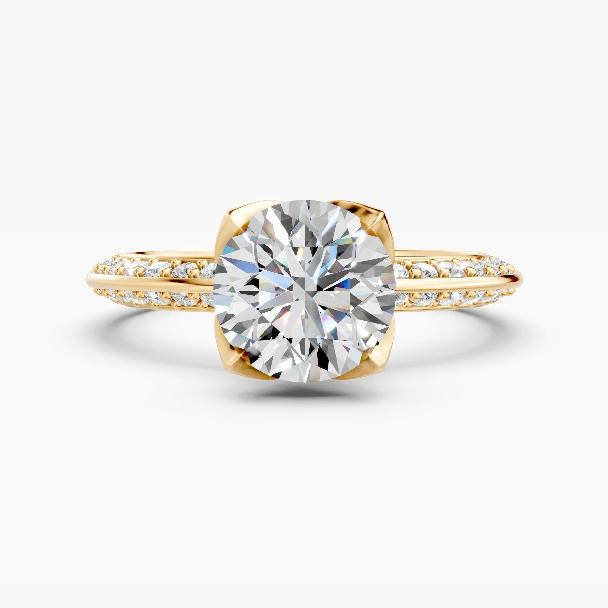 ZFL04 solitaire diamantring i 14 kt. gulguld, forfra med pavé-skinne