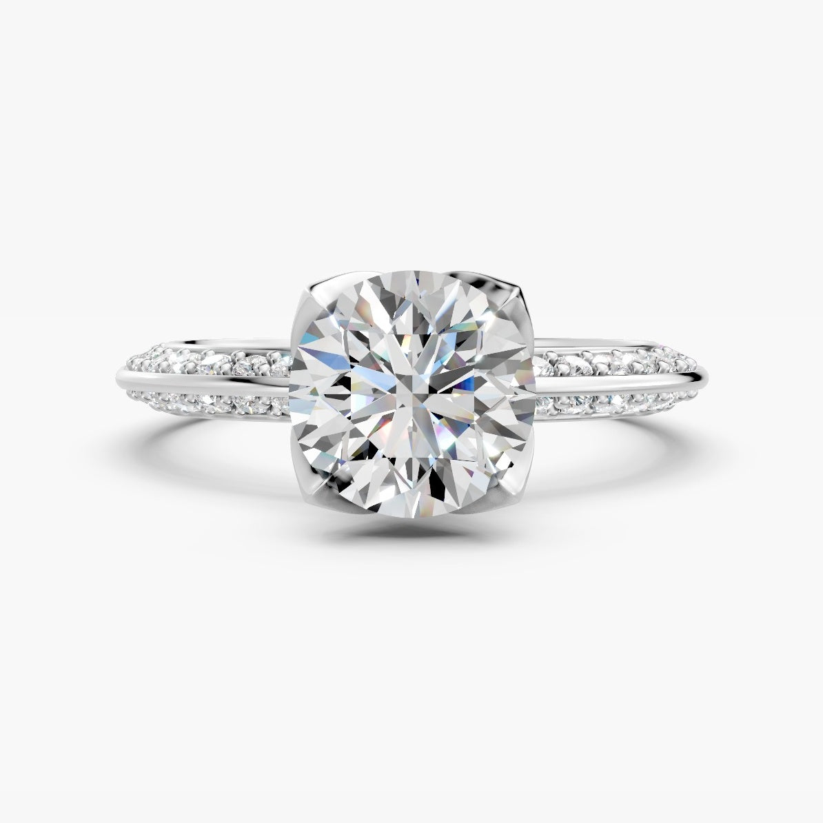ZFL04 solitaire diamantring i hvidguld, forfra med pavé-skinne