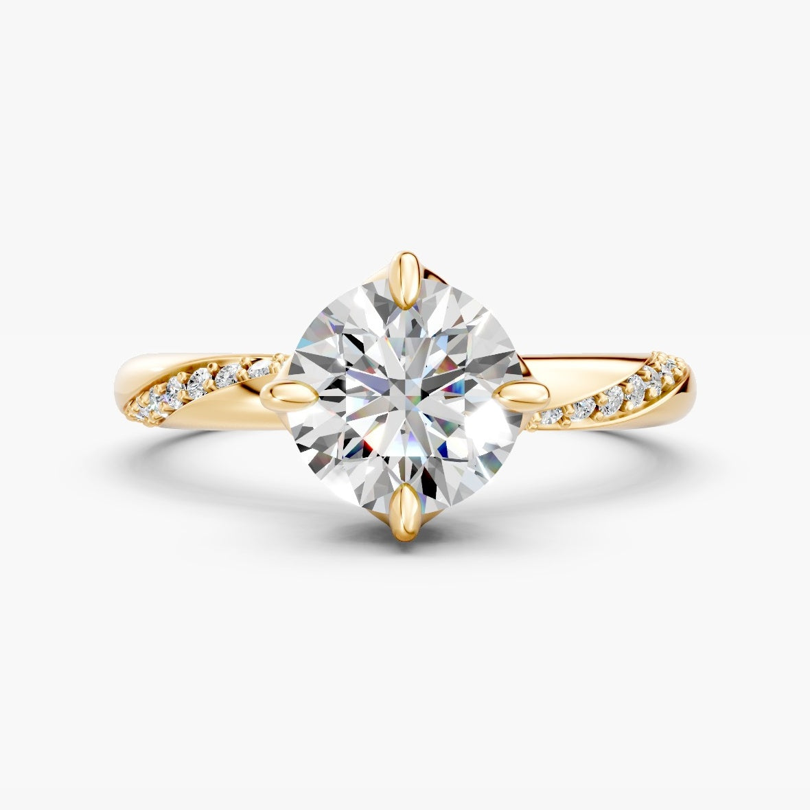 ZFL05 solitaire diamantring i 14 kt. gulguld, forfra med twist-pavé-skinne