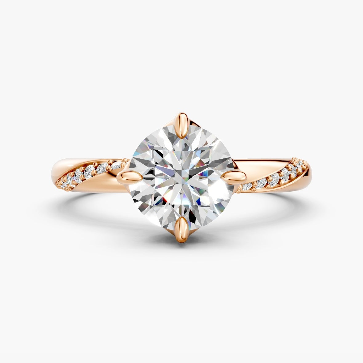 ZFL05 solitaire diamantring i rosaguld, forfra med twist-pavé-skinne