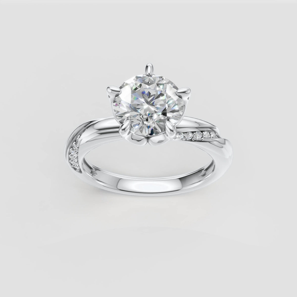 ZFL06 solitaire diamantring i hvidguld, forfra med twist-pavé-skinne