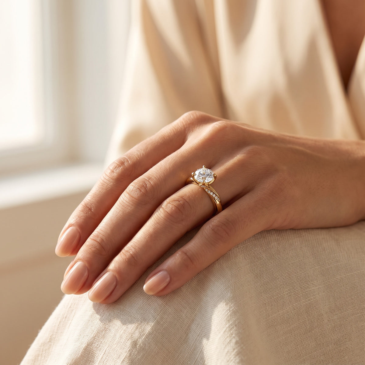 ZFL06 solitaire diamantring i gulguld båret på hånden – livsstilsbillede