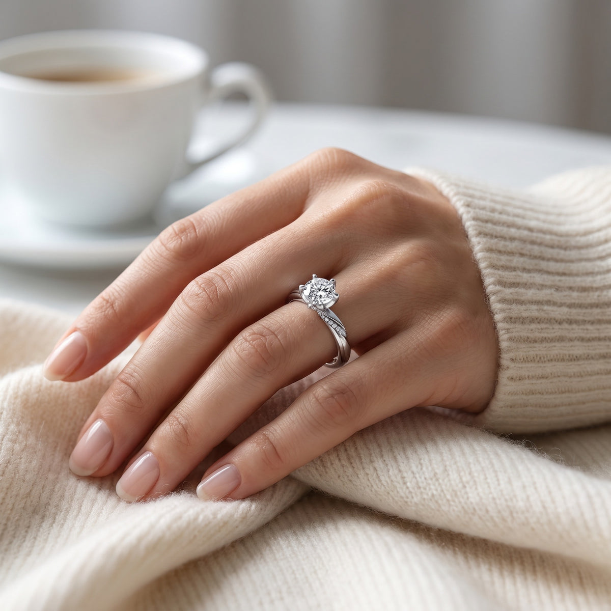 ZFL06 solitaire diamantring i hvidguld båret på hånden – livsstilsbillede