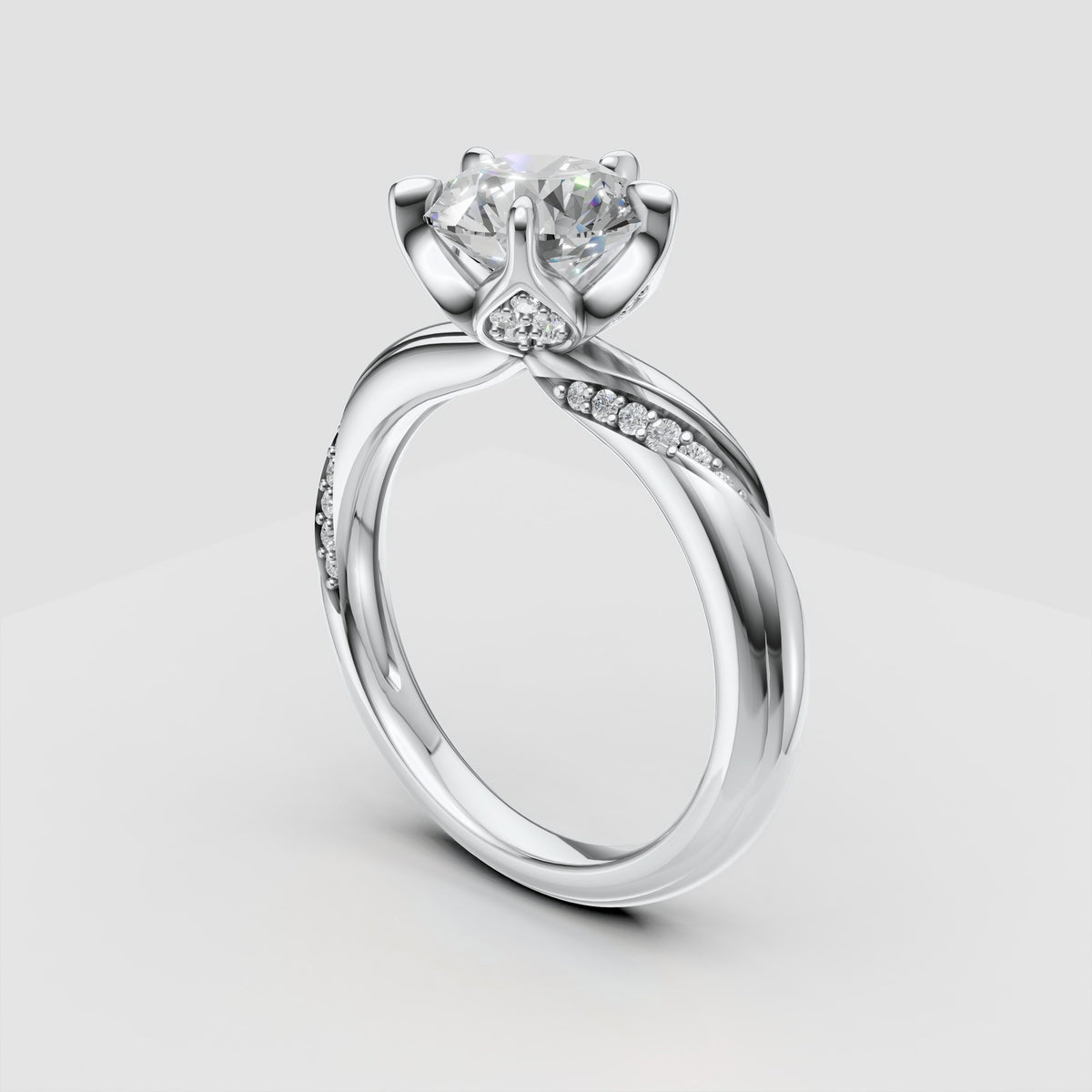 ZFL06 solitaire diamantring med 5 grabber i hvidguld, perspektiv