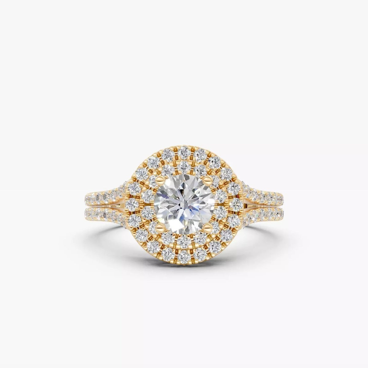 ZJKR08 diamantring i 14 kt. gulguld med dobbelt halo set forfra