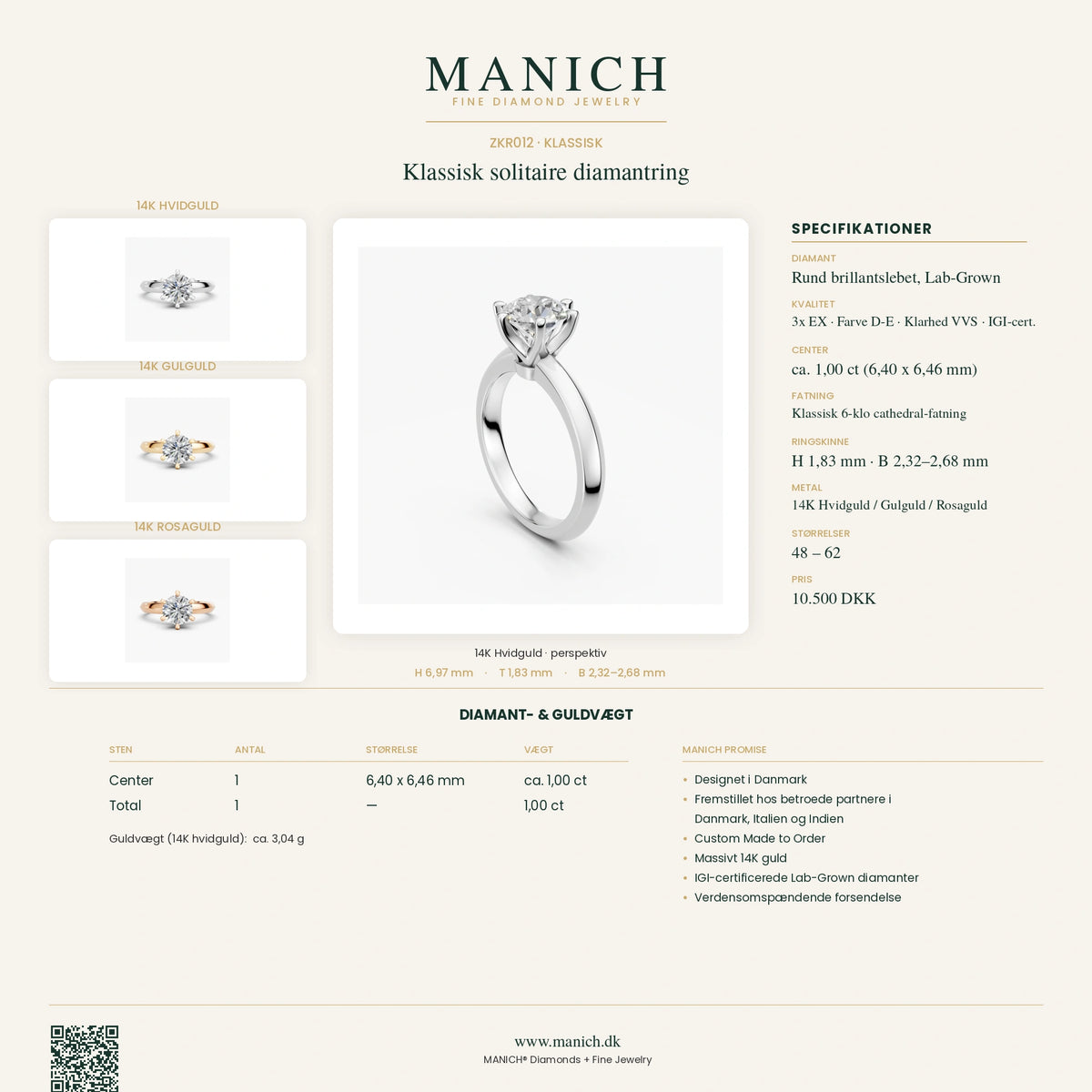 ZKR012 specifikationer, diamantkvalitet og mål – MANICH infografik