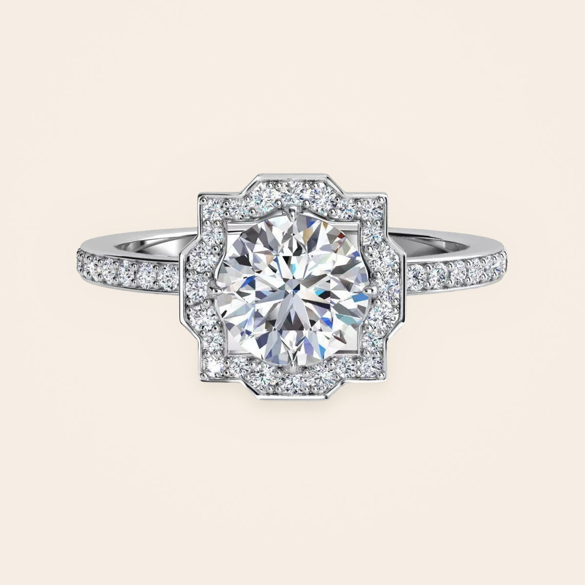 ZLR0163 Art Deco halo diamantring i 14 kt. hvidguld – forfra