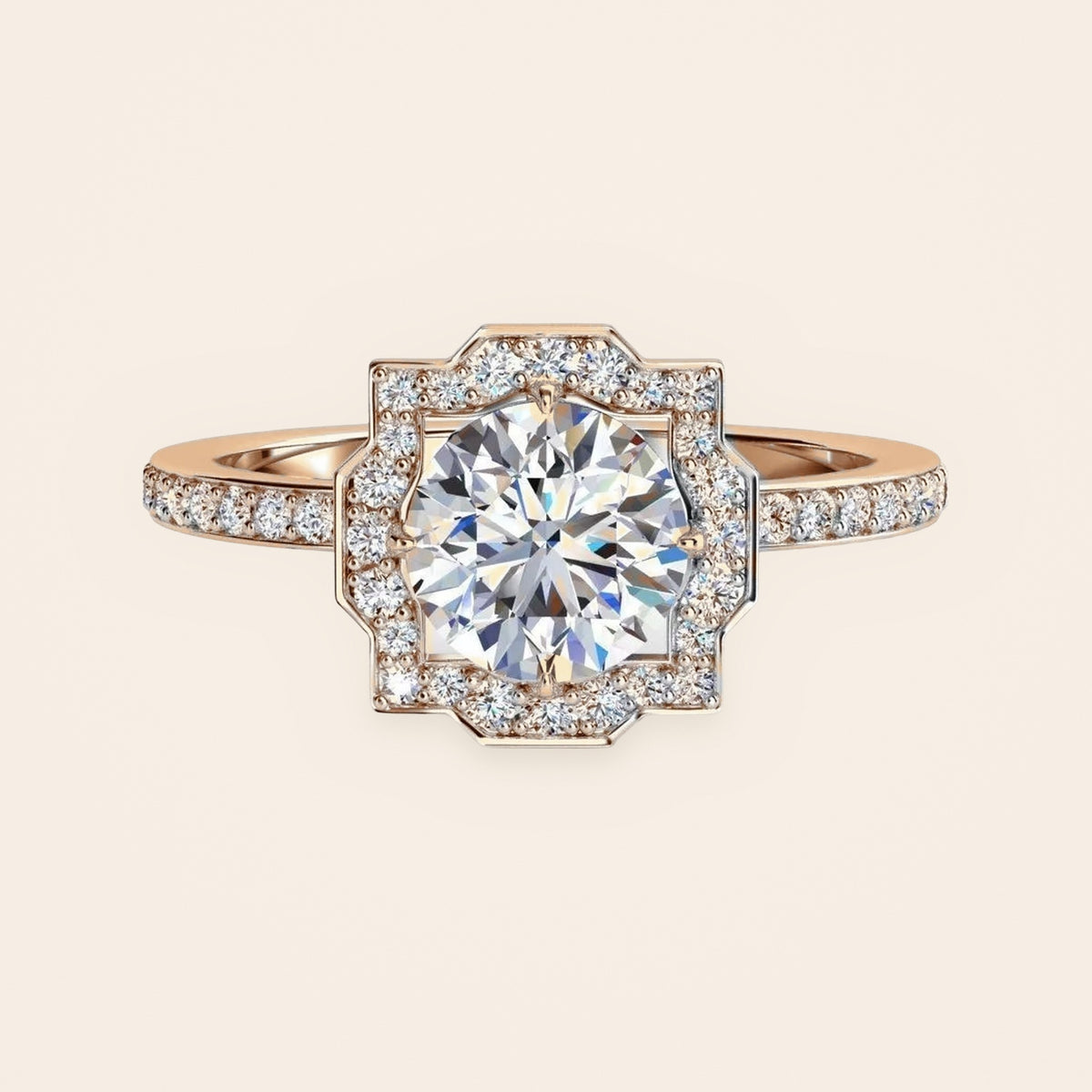ZLR0163 Art Deco halo diamantring i 14 kt. rosaguld – forfra